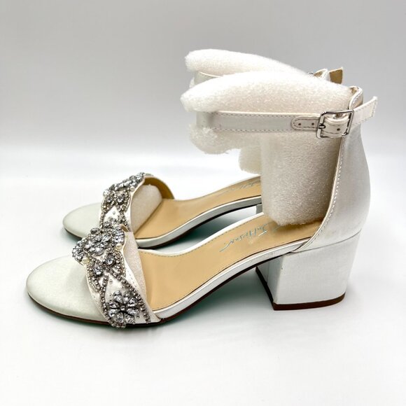 Betsey Johnson Womens Size 6.5 Mel White Satin Jewel Heels Dress Sandals Shoes - Picture 6 of 14